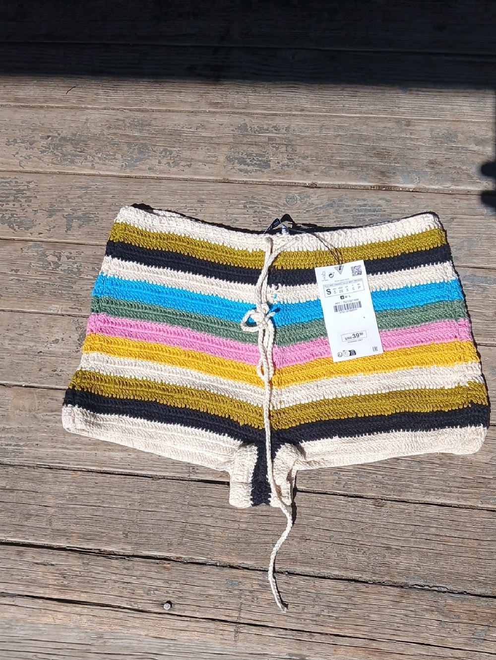 NWT Zara Striped Crochet Mini Shorts in Cream, Olive, Black & Blue Size Small